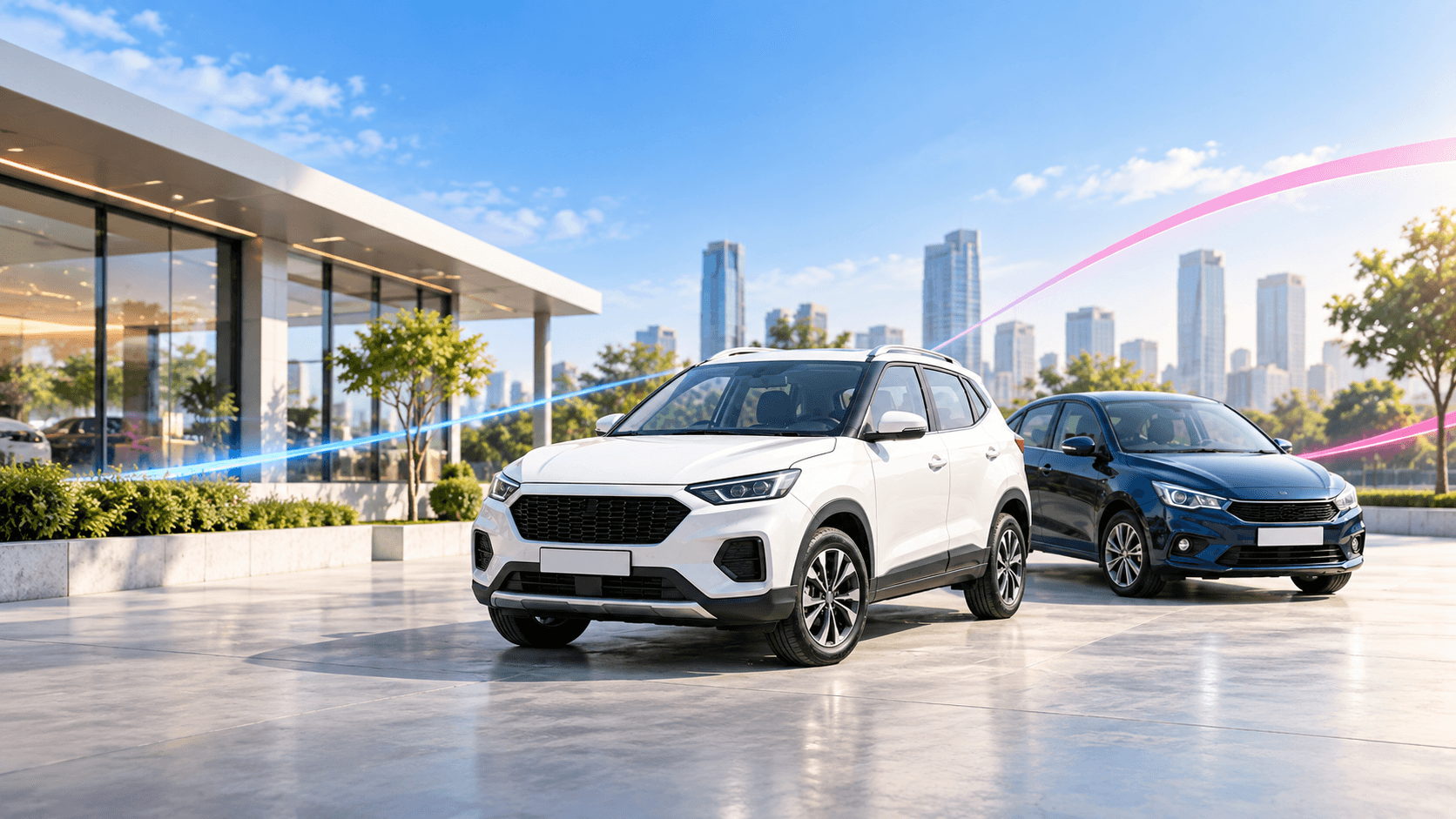 A white SUV and a blue car at a modern city showroom